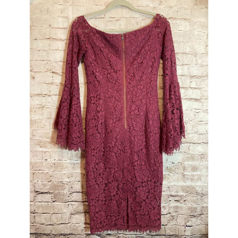 Bardot Lace Dress Womens XS Dark Mauve Midi‎ Bell Sleeve Romantic Off Shoulder - Picture 13 of 14